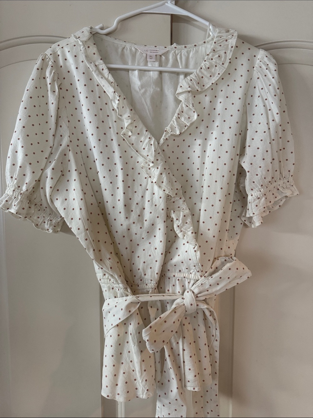LC Lauren Conrad Cream Blouse with Brown Polka Trim